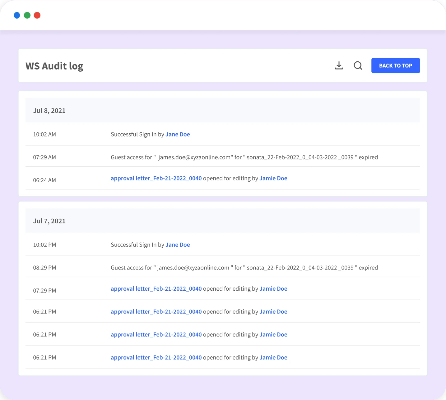 Secure guest sharing interface showing document access permissions and expiry date, with visual user badges for shared recipients.