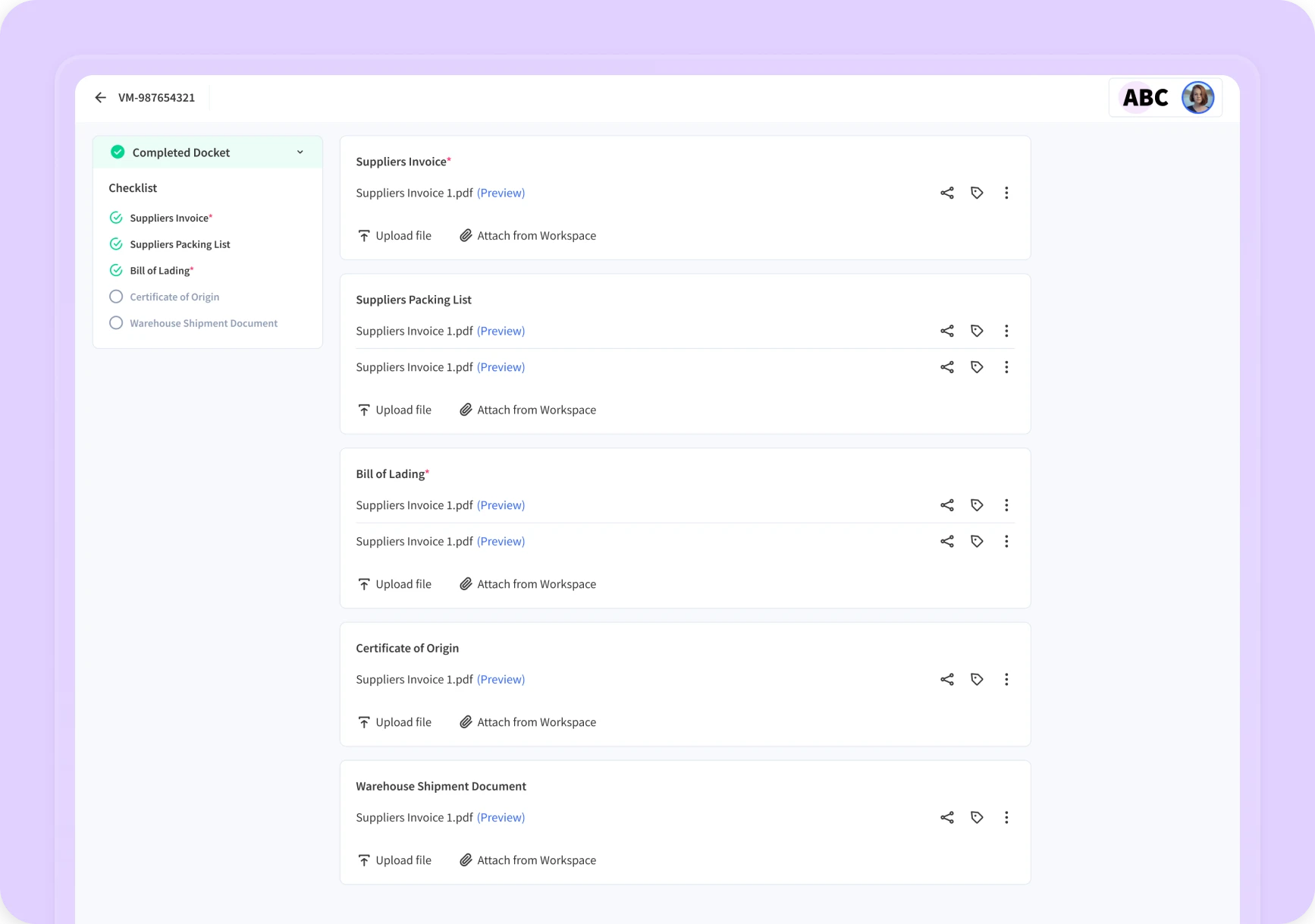 Smart docket checklist interface showing trade documents like invoice, packing list, and bill of lading, organized for upload and preview.