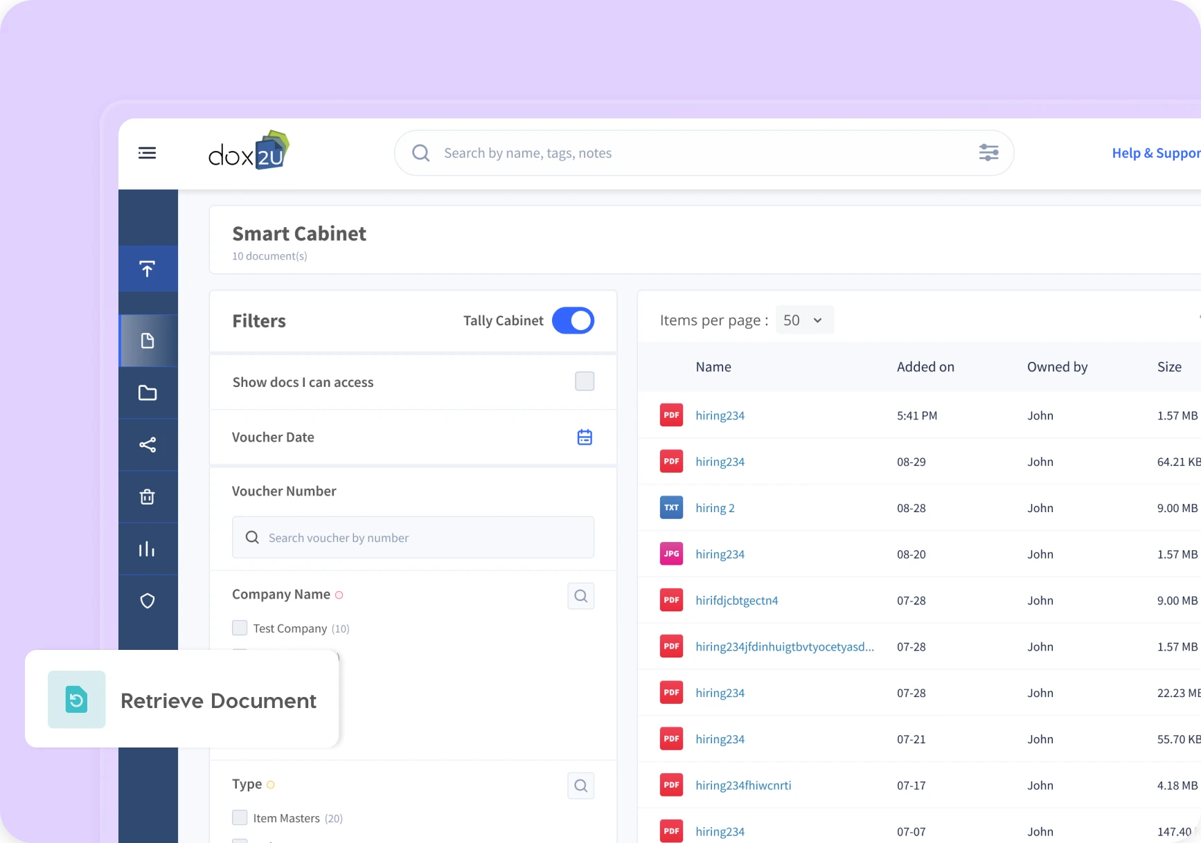 Smart Cabinet document viewer in dox2U with advanced filters for Tally vouchers, document types, and company-wise file search