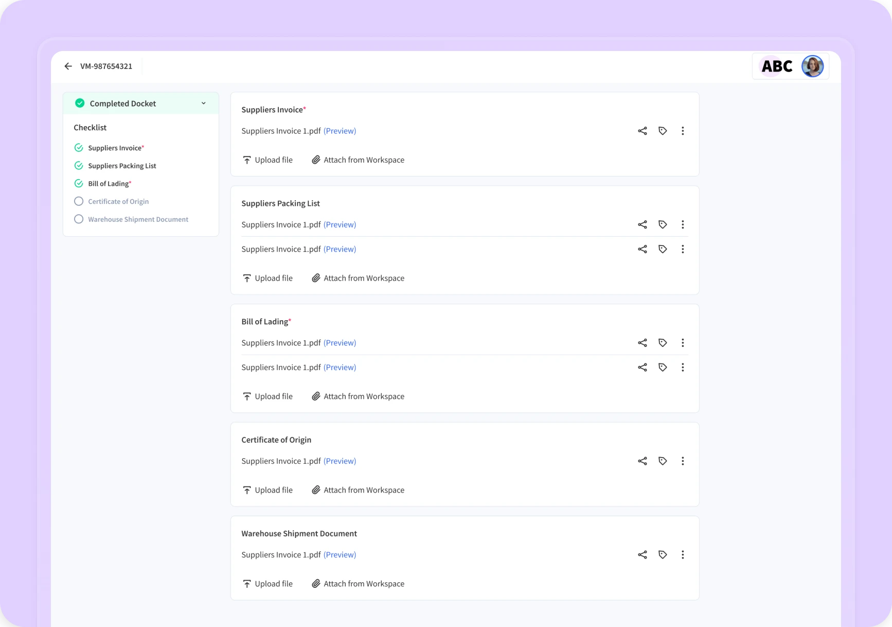 Smart docket checklist interface showing trade documents like invoice, packing list, and bill of lading, organized for upload and preview.
