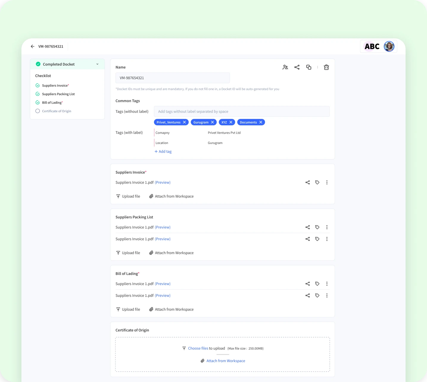 Smart docket checklist interface showing trade documents like invoice, packing list, and bill of lading, organized for upload and preview.