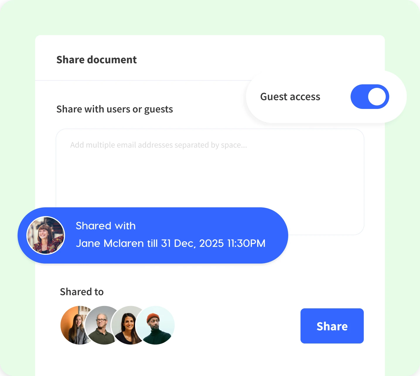 Secure guest sharing interface showing document access permissions and expiry date, with visual user badges for shared recipients.