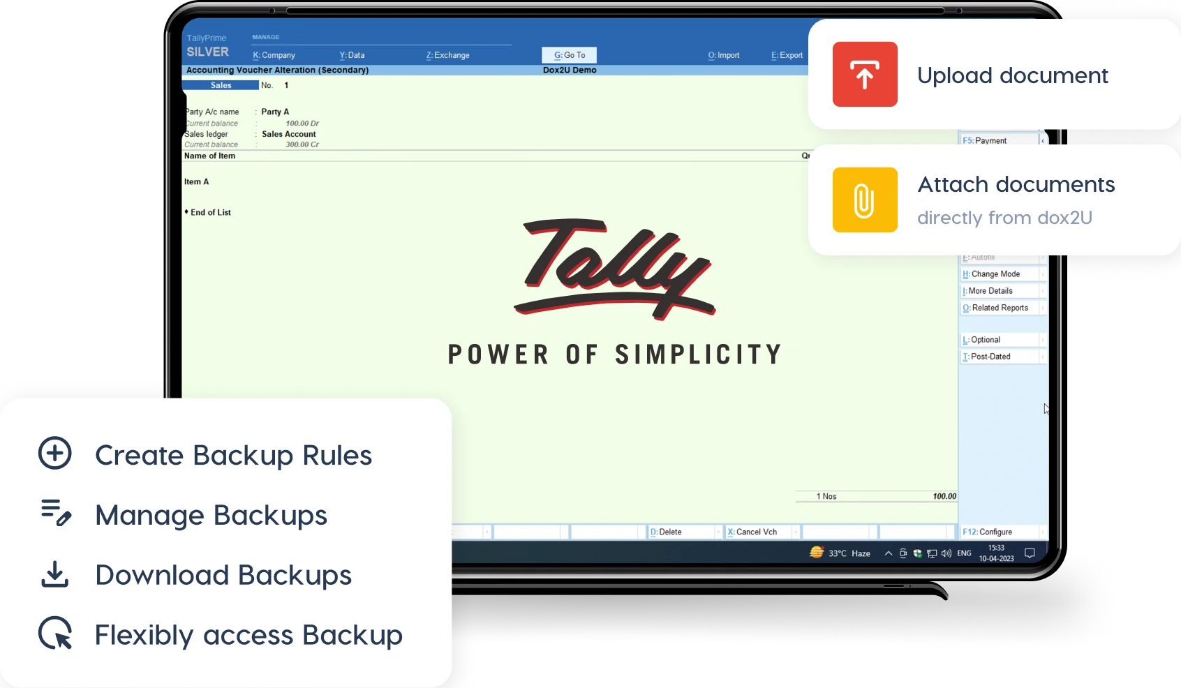 TallyPrime interface with dox2U plugin options for uploading, attaching, and backing up documents within accounting vouchers.