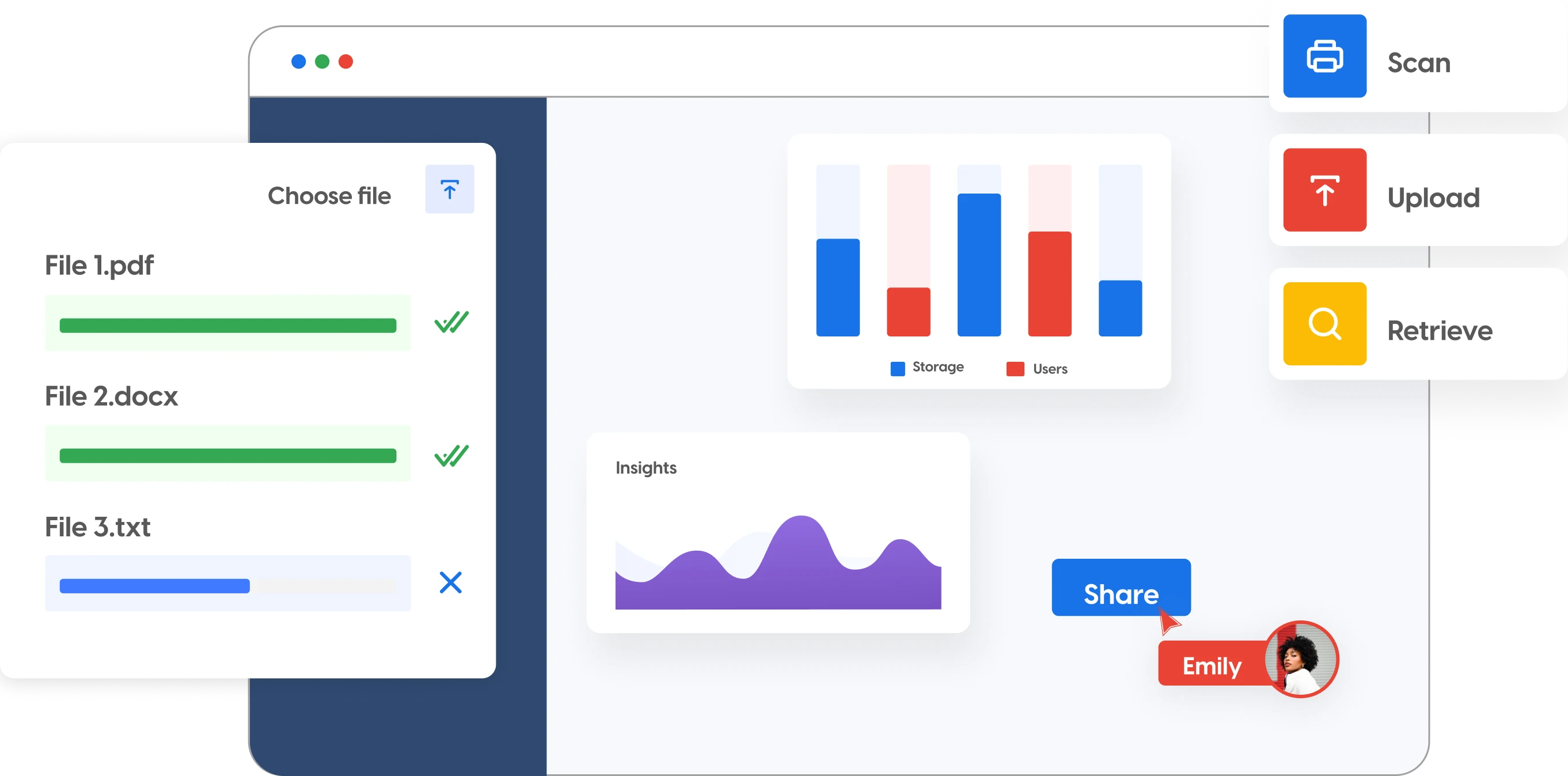 Illustration with a file upload interface and document insights, featuring options to scan, upload, retrieve, and share files via dox2U