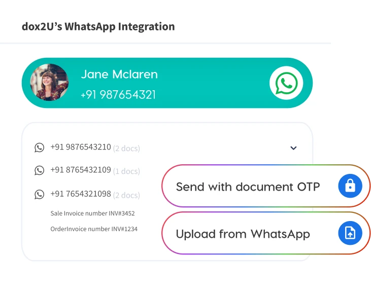 WhatsApp-based document upload interface with contact list and secure options to send with OTP or upload directly to dox2U